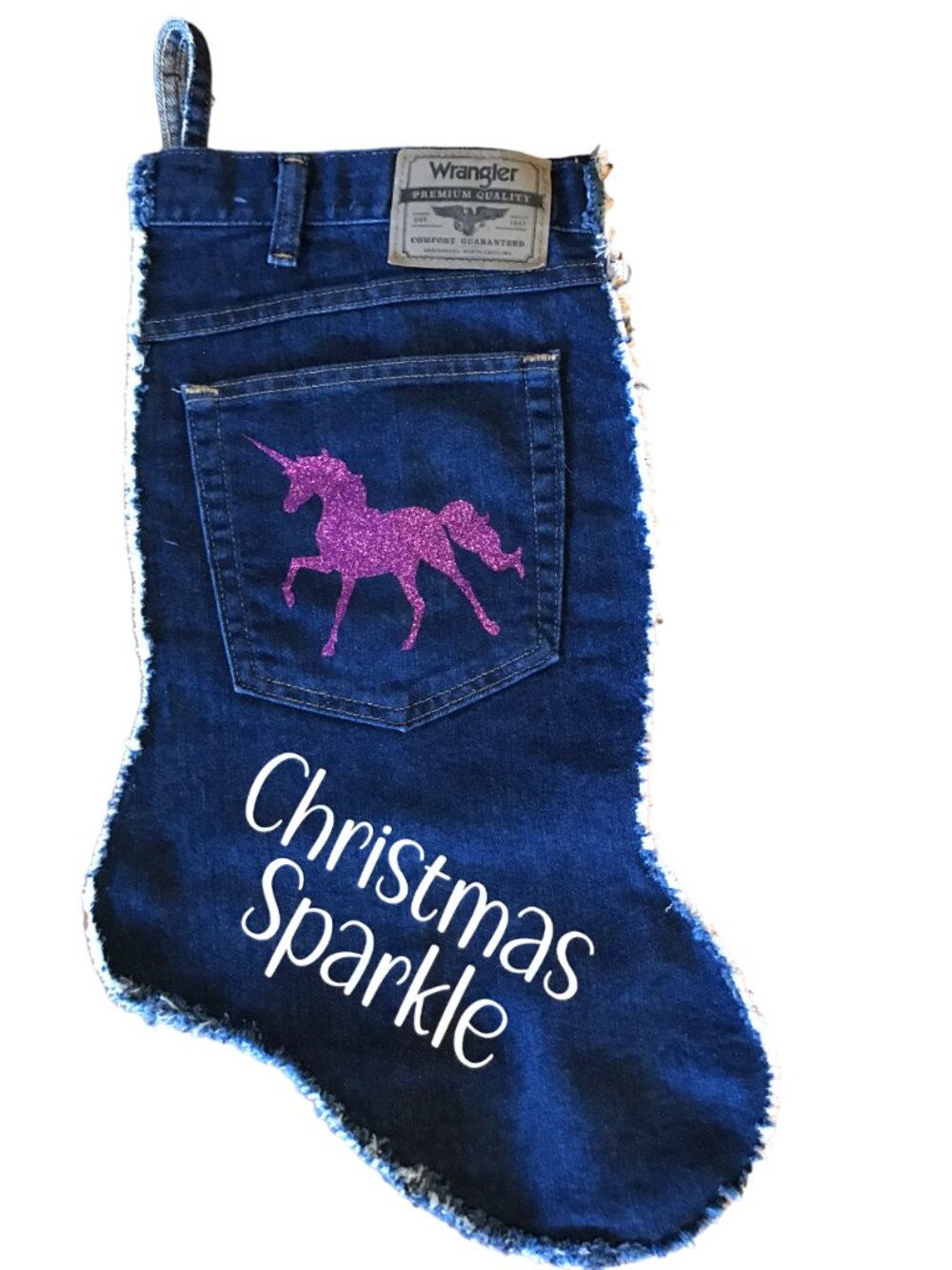 Handmade Denim Christmas Stocking w/Jean Pocket, Purple Unicorn Graphic M-L